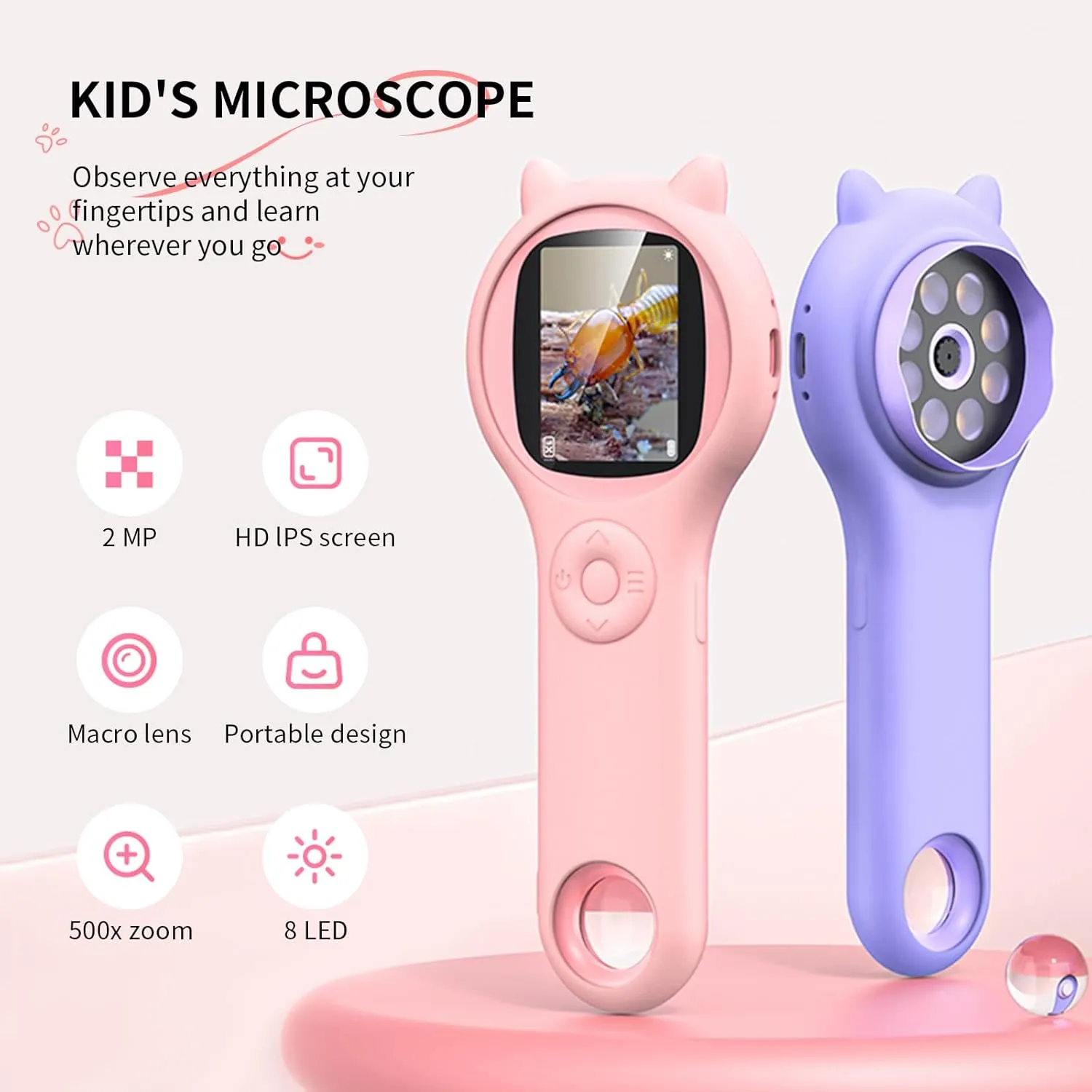 Pink and Purple Microscope for Kids-200X Portable Digital Mini Microscope- Your Little Scientist Miniscope - STEM Toy for Age 3 4 5 6 7 8 9 10 11 12 Years Old Toddlers.