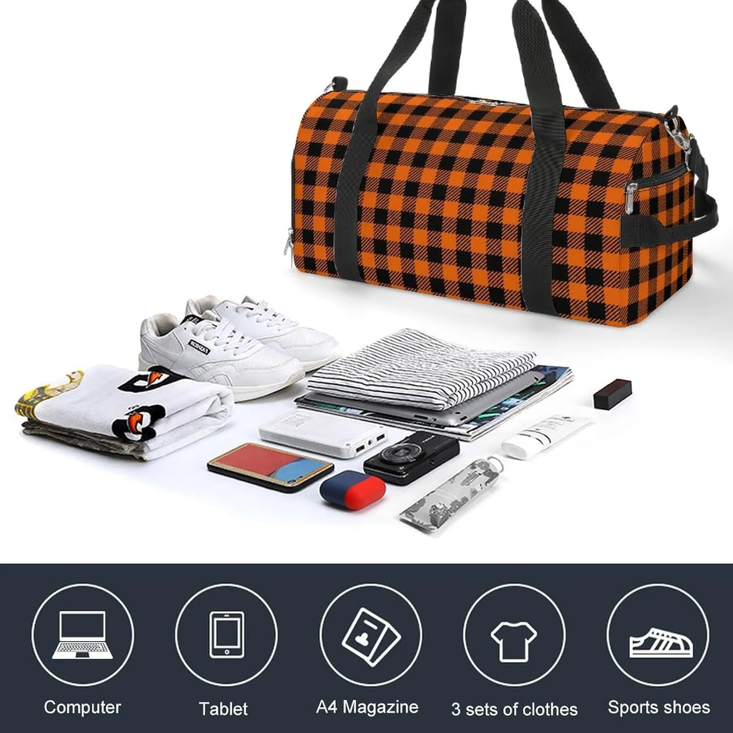Pink Black Gray Argyle Portable Large Capacity Fully Printed Fitness Bag Unisex
