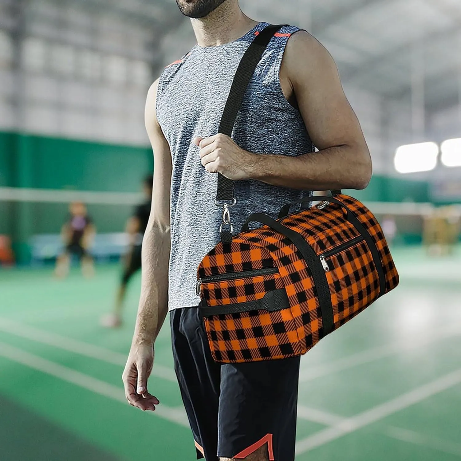 Pink Black Gray Argyle Portable Large Capacity Fully Printed Fitness Bag Unisex