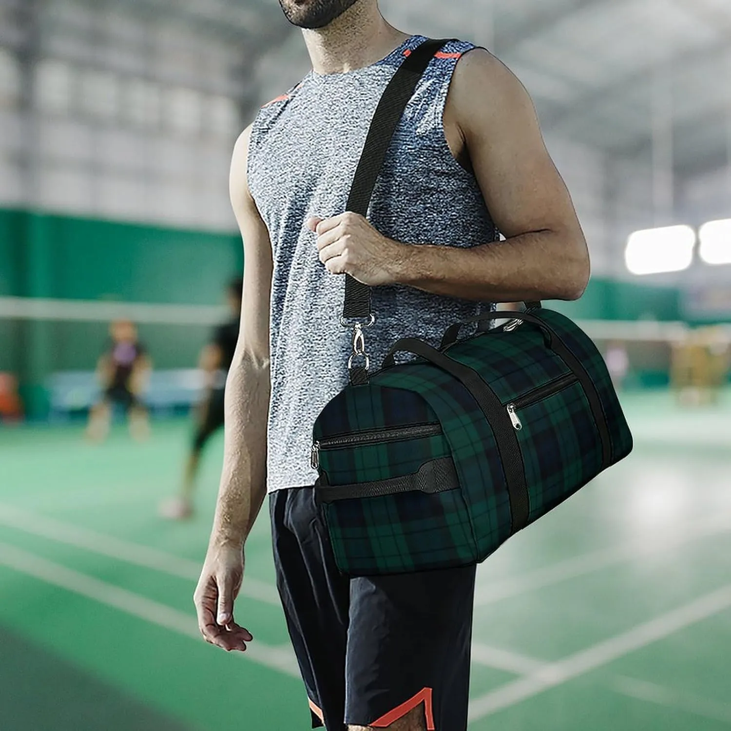 Pink Black Gray Argyle Portable Large Capacity Fully Printed Fitness Bag Unisex