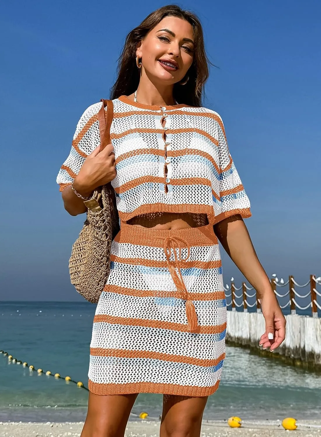 Pink Queen 2 Piece Crochet Swimsuit Cover Ups for Women Hollow Out Knitted Bathing Suit Coverup Beach Crop Top and Skirt Sets