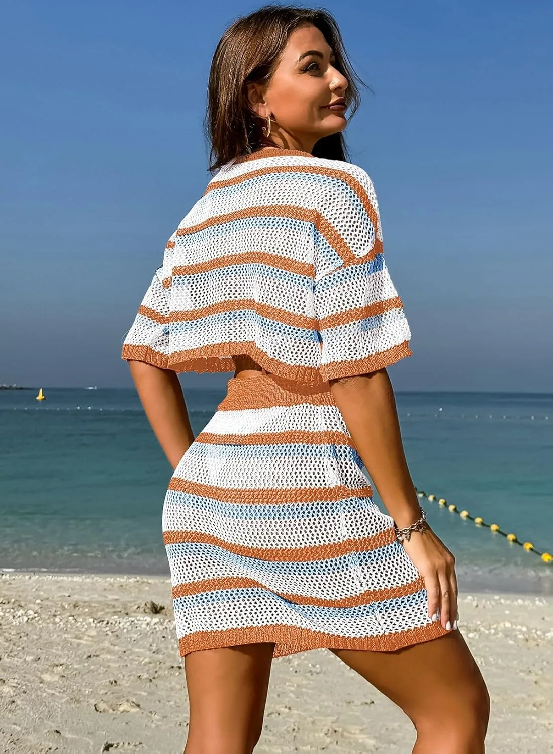 Pink Queen 2 Piece Crochet Swimsuit Cover Ups for Women Hollow Out Knitted Bathing Suit Coverup Beach Crop Top and Skirt Sets