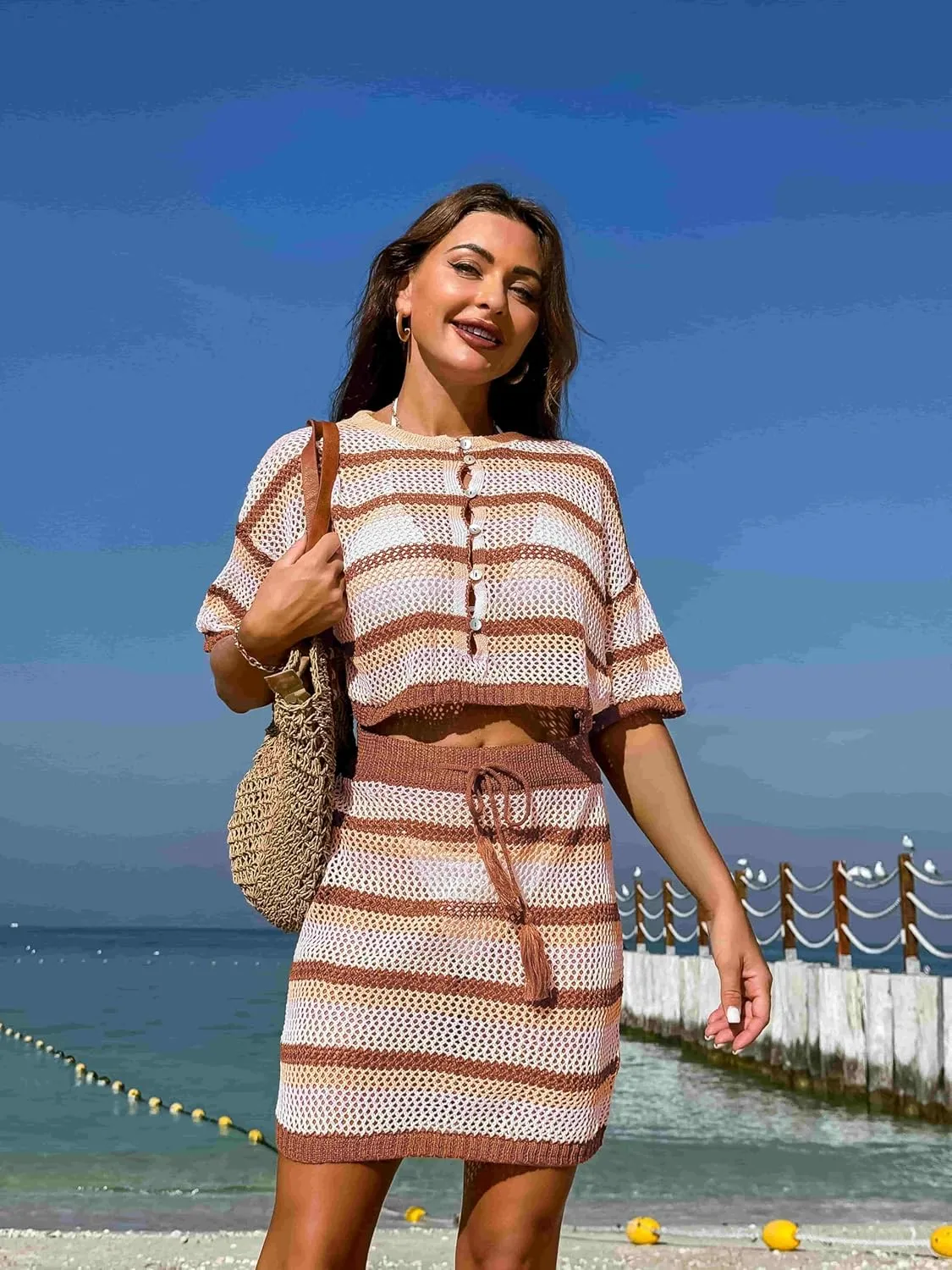 Pink Queen 2 Piece Crochet Swimsuit Cover Ups for Women Hollow Out Knitted Bathing Suit Coverup Beach Crop Top and Skirt Sets