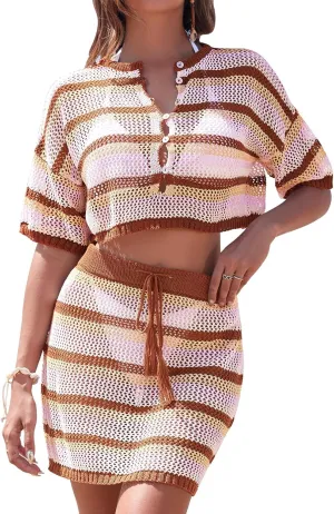 Pink Queen 2 Piece Crochet Swimsuit Cover Ups for Women Hollow Out Knitted Bathing Suit Coverup Beach Crop Top and Skirt Sets