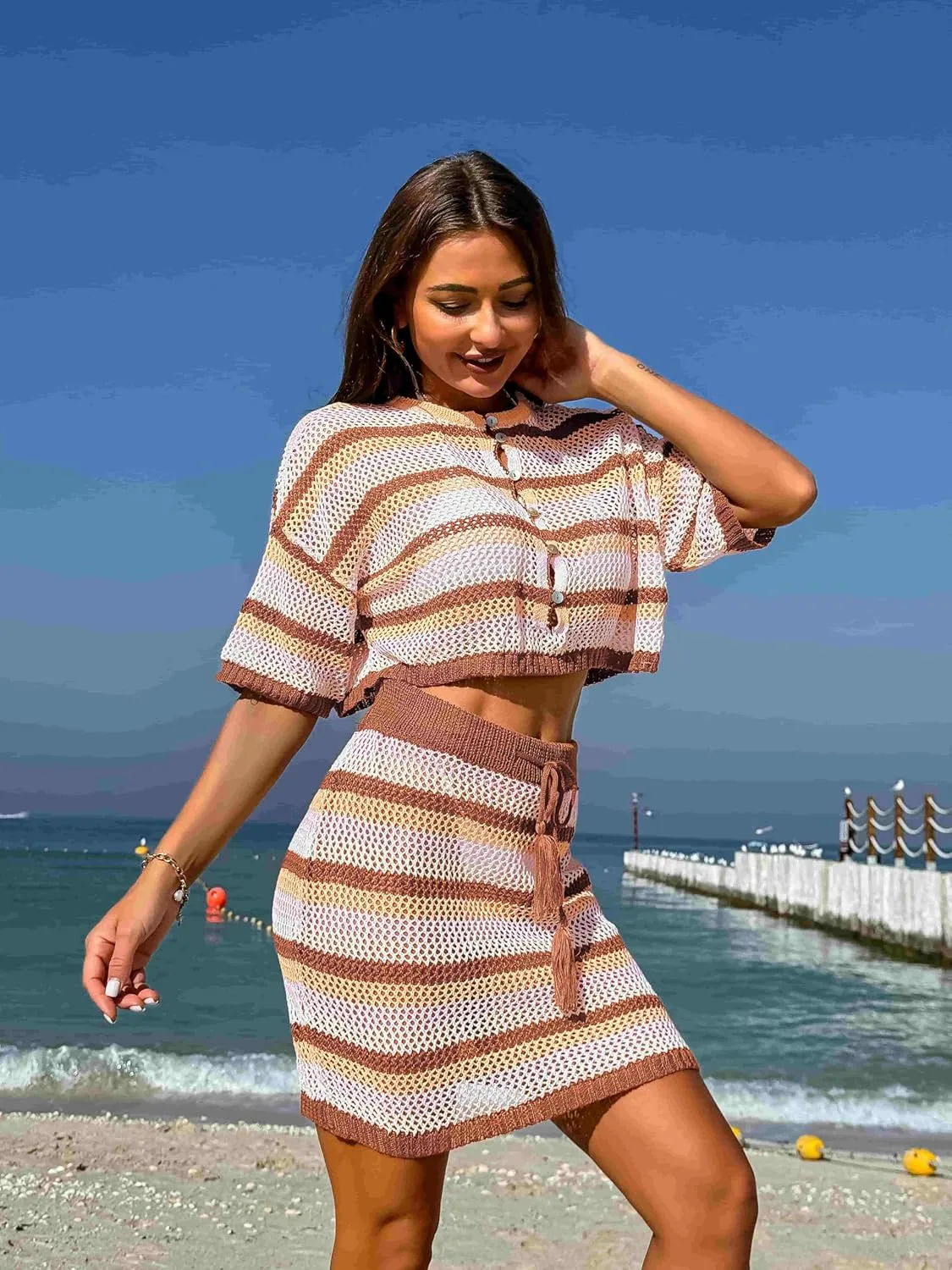 Pink Queen 2 Piece Crochet Swimsuit Cover Ups for Women Hollow Out Knitted Bathing Suit Coverup Beach Crop Top and Skirt Sets