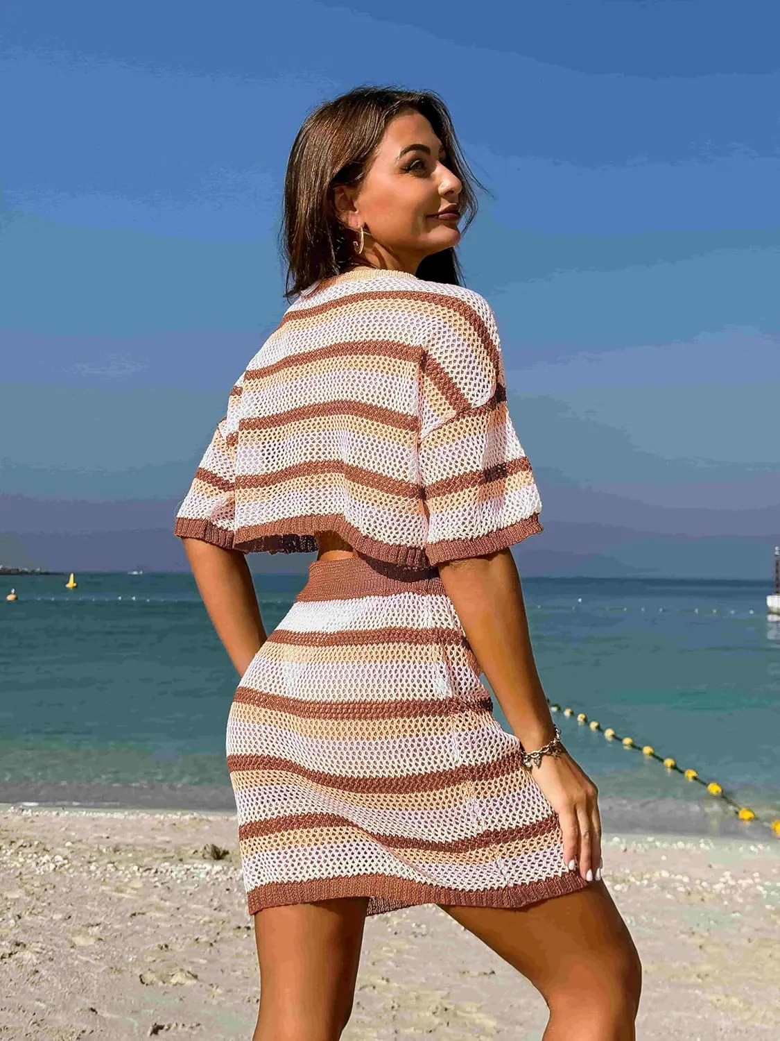 Pink Queen 2 Piece Crochet Swimsuit Cover Ups for Women Hollow Out Knitted Bathing Suit Coverup Beach Crop Top and Skirt Sets