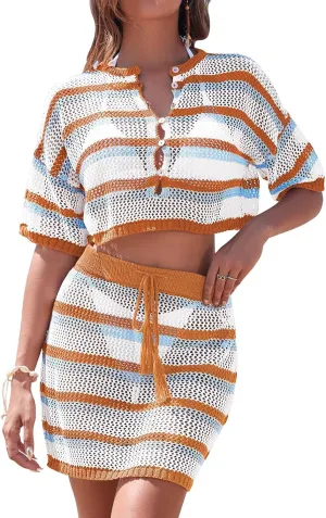 Pink Queen 2 Piece Crochet Swimsuit Cover Ups for Women Hollow Out Knitted Bathing Suit Coverup Beach Crop Top and Skirt Sets