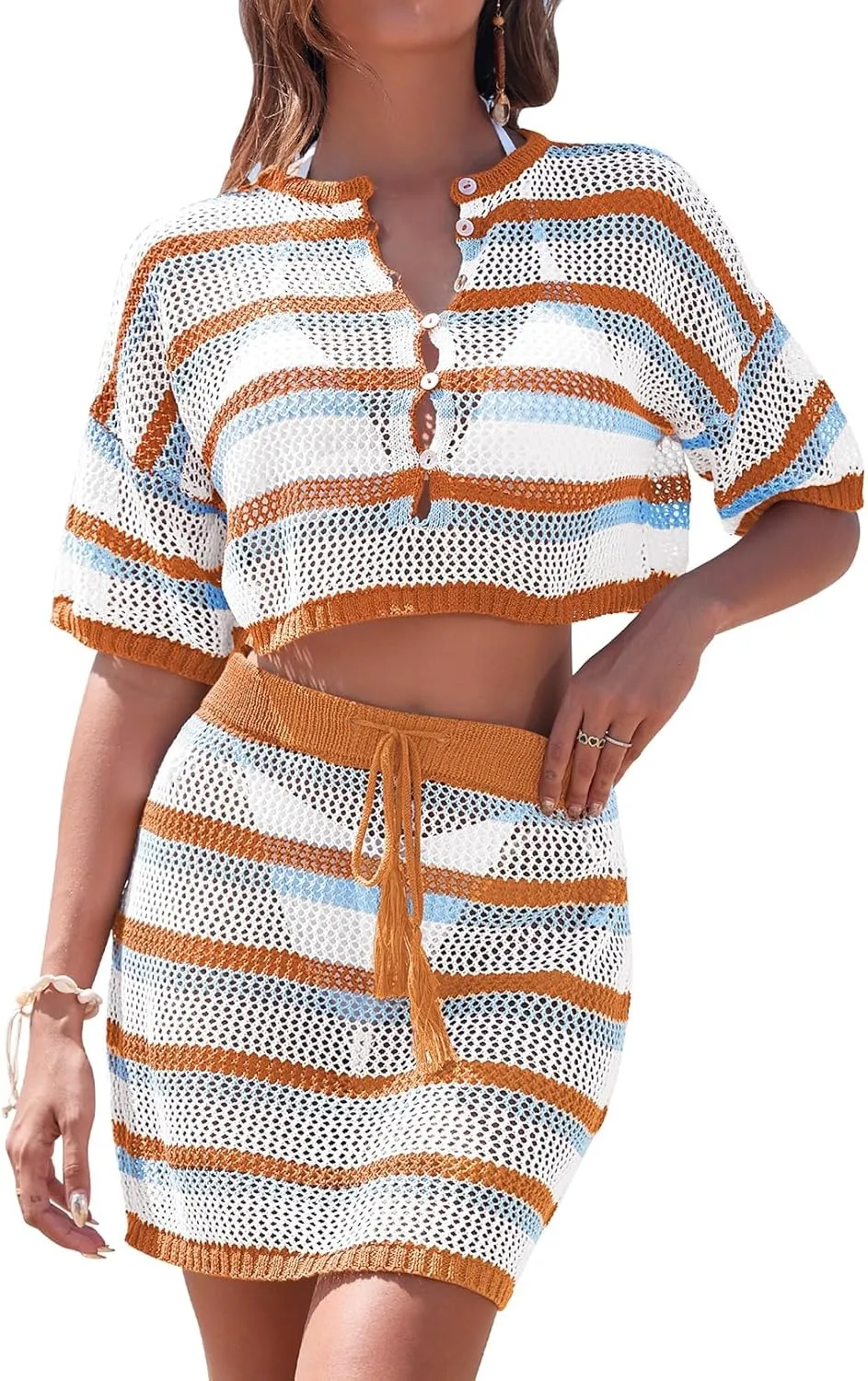 Pink Queen 2 Piece Crochet Swimsuit Cover Ups for Women Hollow Out Knitted Bathing Suit Coverup Beach Crop Top and Skirt Sets