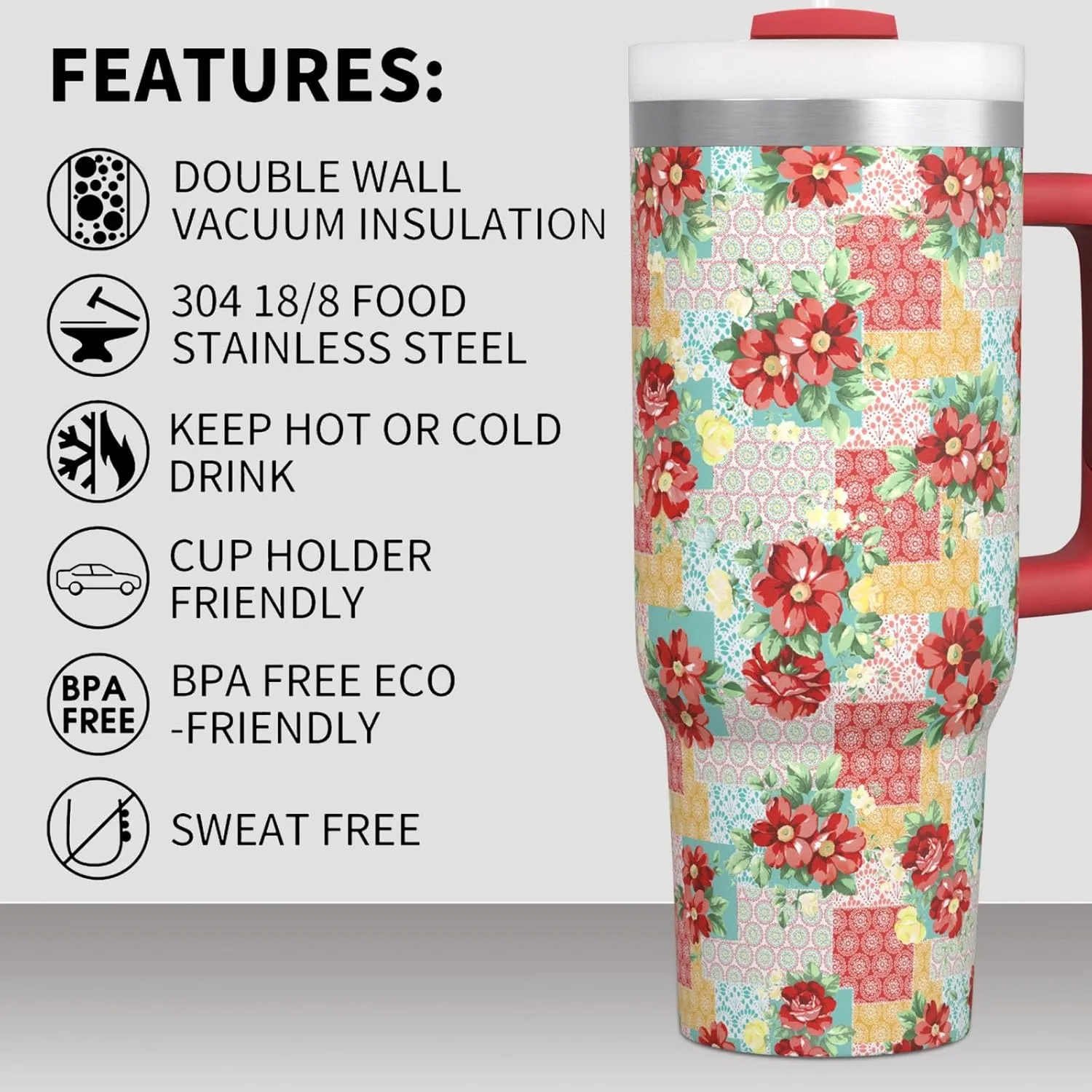 Pioneer Woman Tumbler with Handle and Lid,30oz Boho Floral Pioneer Woman Double Wall Vacuum Insulated Tumbler,Pioneer Woman Cups Gift for Women (Only One Cup)