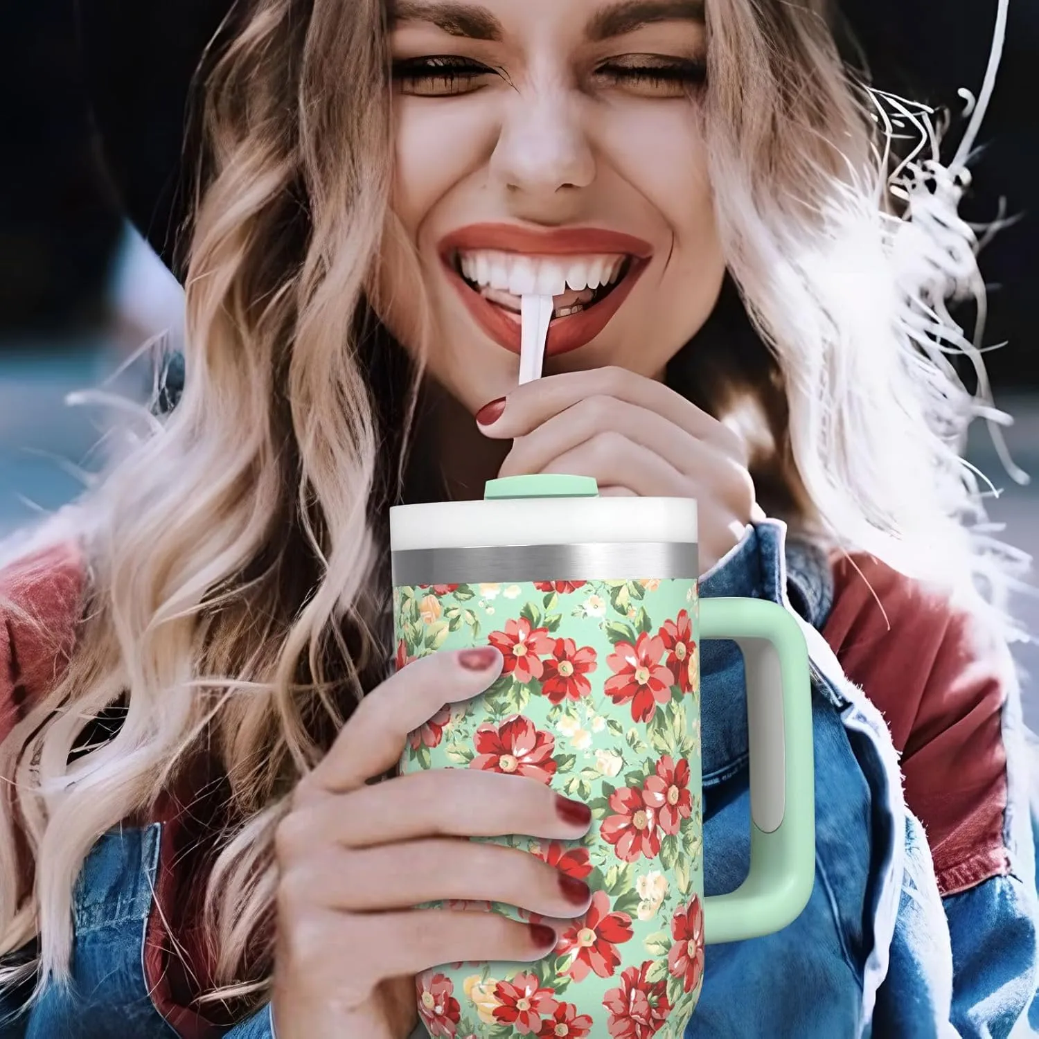 Pioneer Woman Tumbler with Handle and Lid,30oz Boho Floral Pioneer Woman Double Wall Vacuum Insulated Tumbler,Pioneer Woman Cups Gift for Women (Only One Cup)