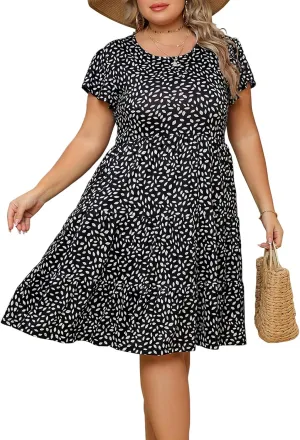 Plus Size Summer Dress for Women Ruffle Sleeve Tiered Flowy Casual Aline Babydoll Sundresses with Pockets