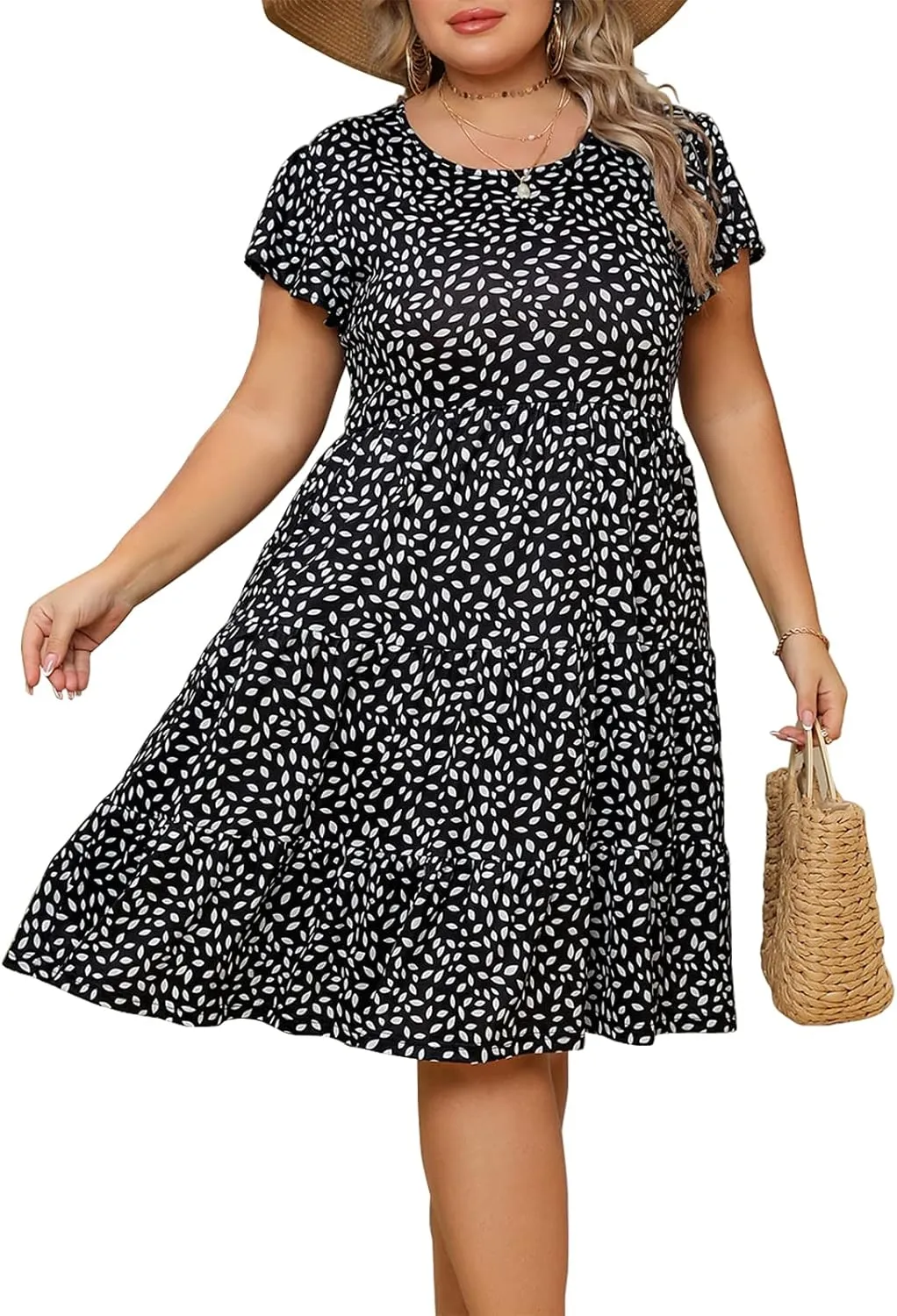 Plus Size Summer Dress for Women Ruffle Sleeve Tiered Flowy Casual Aline Babydoll Sundresses with Pockets
