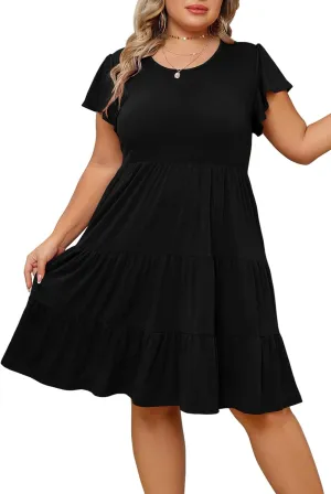 Plus Size Summer Dress for Women Ruffle Sleeve Tiered Flowy Casual Aline Babydoll Sundresses with Pockets