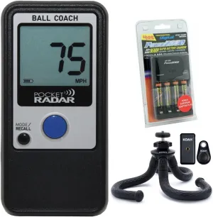 Pocket Radar Ball Coach Pro-Level Speed Training Tool and Radar Gun Bundle with Rapid Charger with Four Rechargeable Batteries, Waterproof Tripod with Bluetooth (3 Items)