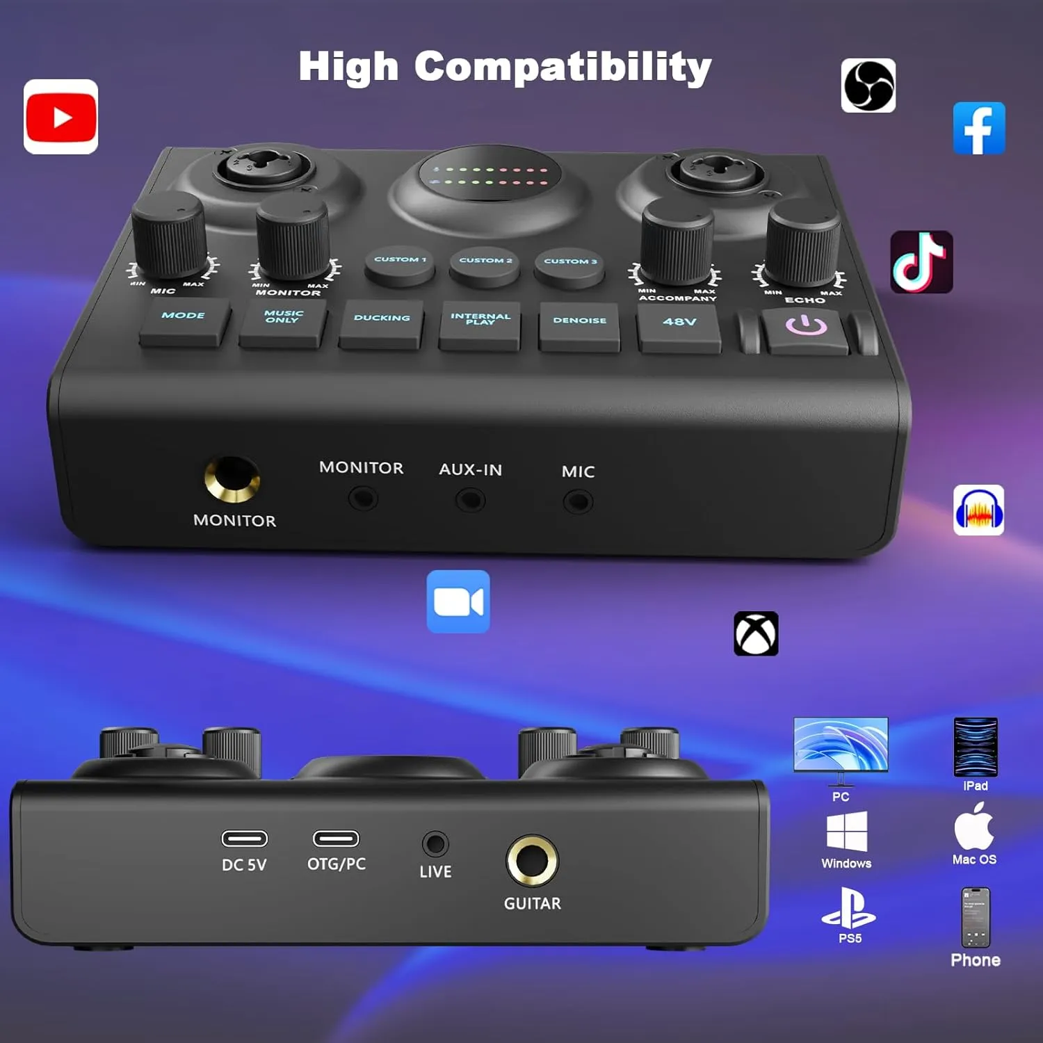 Podcast Equipment Bundle for 2, Audio Mixer with Dynamic Podcast Microphone, 48V Phantom Power, Voice change for Recording, Streaming, Gaming, Tiktok, PC, Phone, Guitar