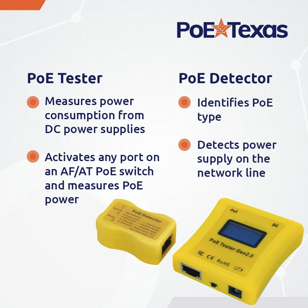 PoE Detector & PoE Tester Tool Kit (Gen2.5) - Wired Network Cable Tester to Detect & Test Power Over Ethernet - Cable Tester to Read Voltage, Current and Power Usage on Cat5, Cat6 - No Battery Needed