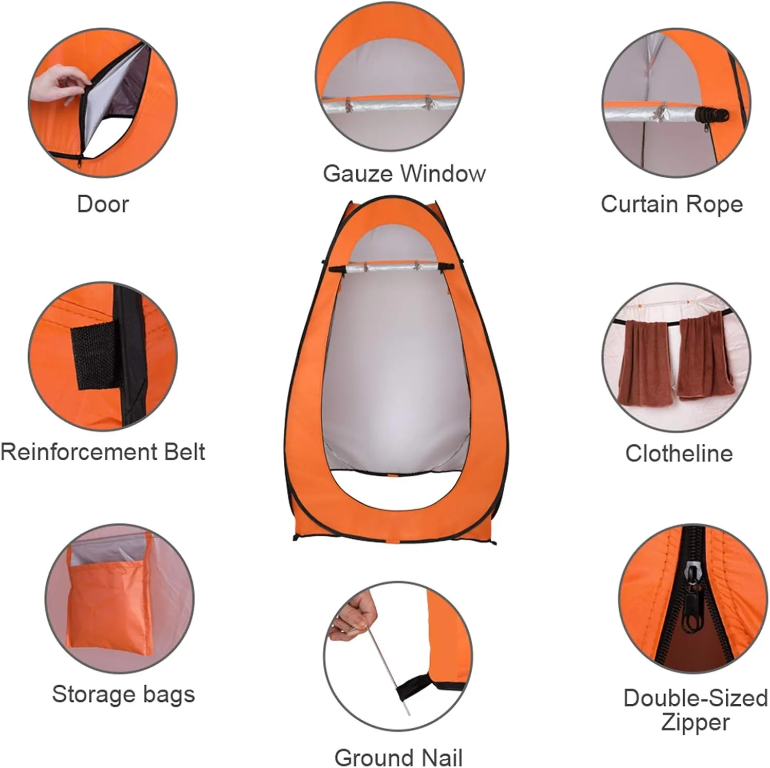 Pop Up Shower Tent - Privacy Shelter for Camping, Beach & Hiking, 6.2ft Portable Changing Room & Toilet Tent with Carry Bag, Water-Resistant & UV Protection for Outdoor Activities, Orange