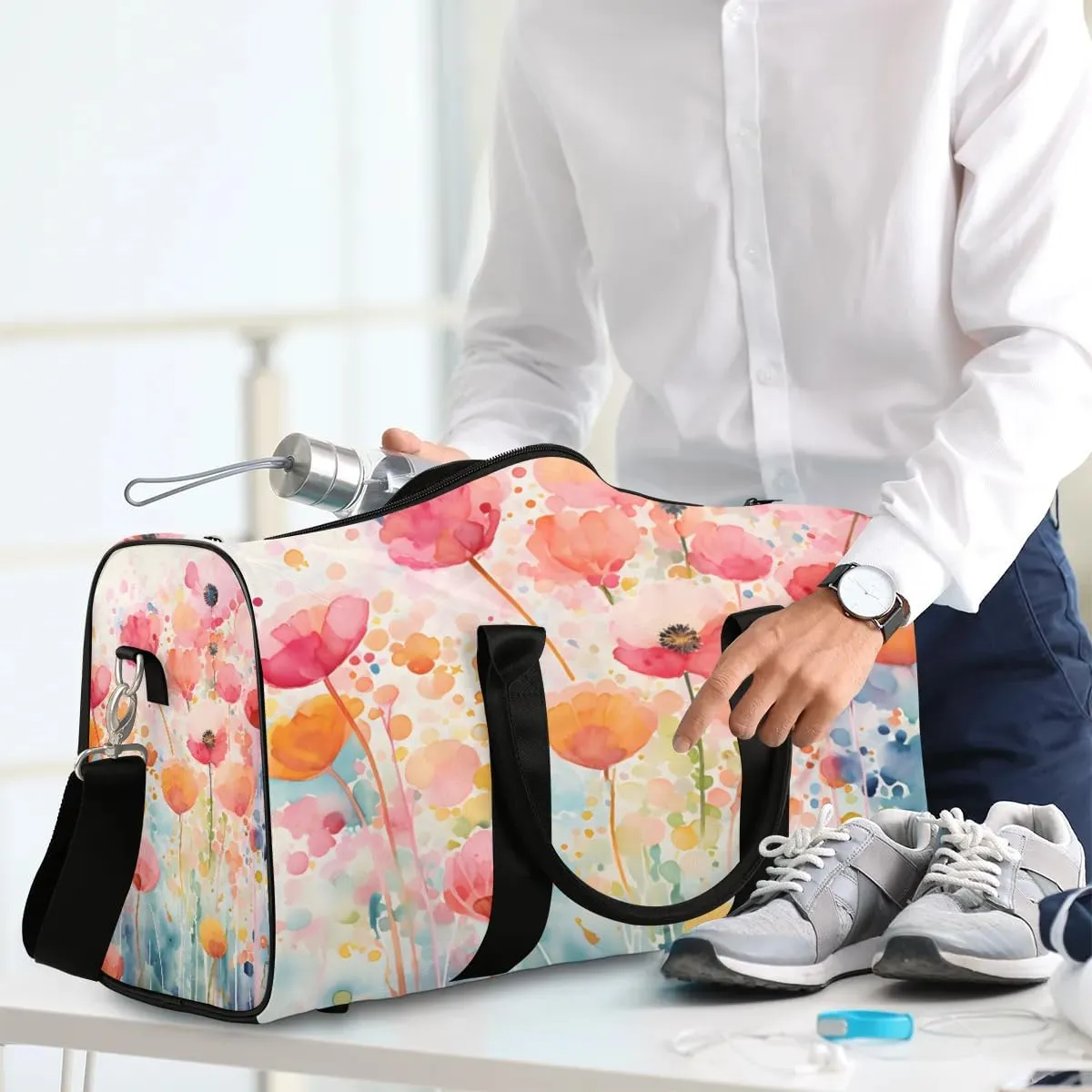 Poppy Spring Travel Duffel Bag for Women Men Waterproof Foldable Overnight Weekender Bag Large Capacity Sports Gym Bag