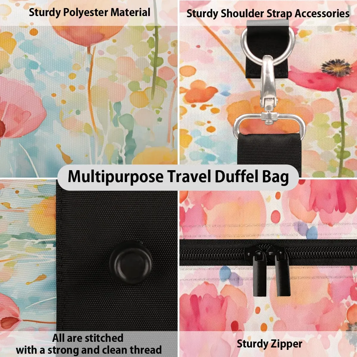 Poppy Spring Travel Duffel Bag for Women Men Waterproof Foldable Overnight Weekender Bag Large Capacity Sports Gym Bag
