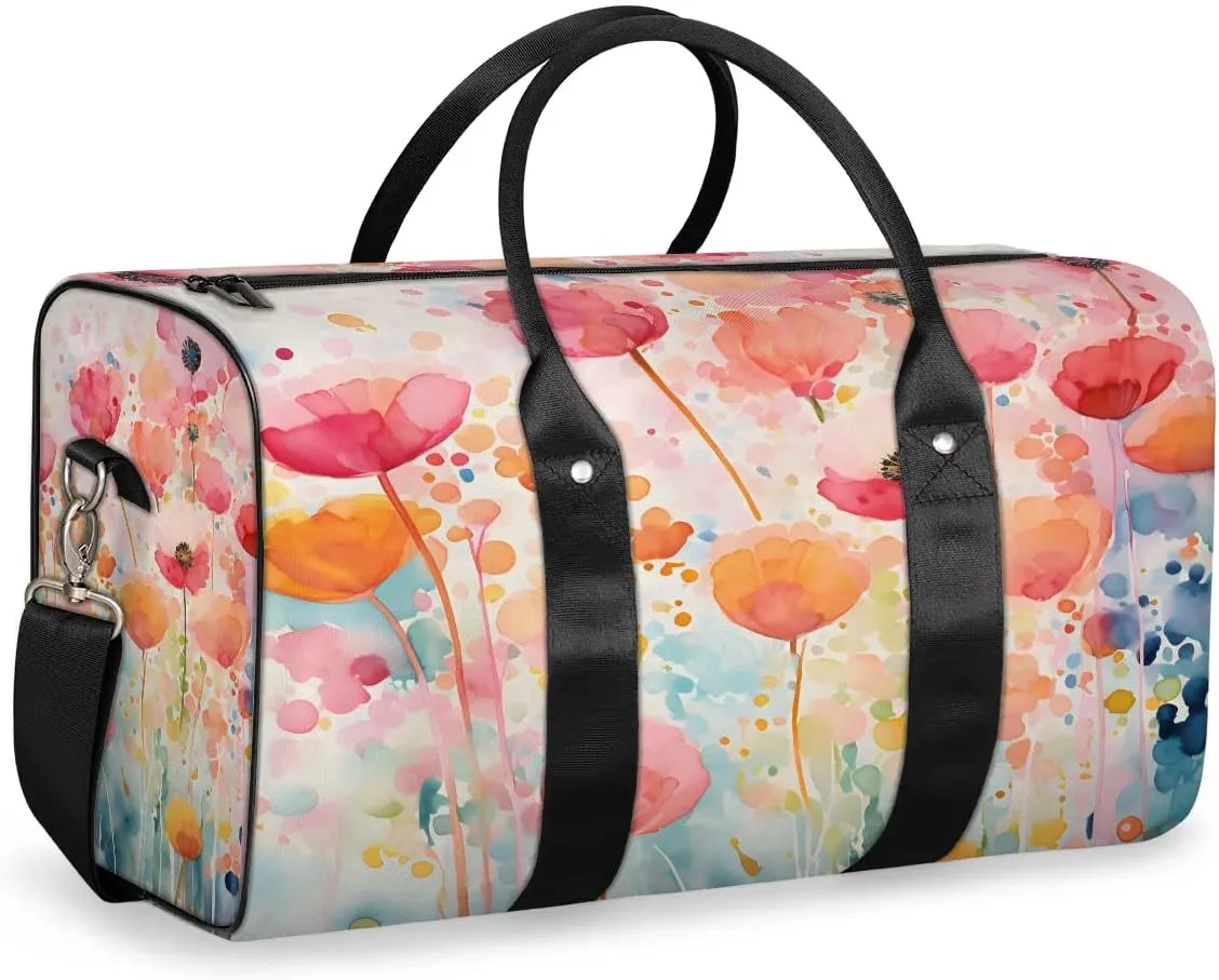Poppy Spring Travel Duffel Bag for Women Men Waterproof Foldable Overnight Weekender Bag Large Capacity Sports Gym Bag