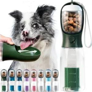 Portable Dog Water Bottle, 3-in-1 Travel Bowl with Food Container & Poop Bag Holder, Pet Dispenser Summer Outdoor Walking Hiking Accessories for Large Dogs - DarkGreen, 20oz