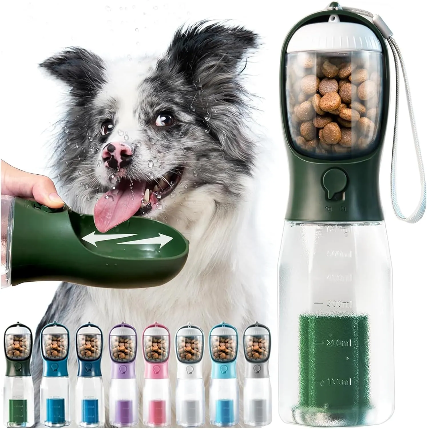 Portable Dog Water Bottle, 3-in-1 Travel Bowl with Food Container & Poop Bag Holder, Pet Dispenser Summer Outdoor Walking Hiking Accessories for Large Dogs - DarkGreen, 20oz
