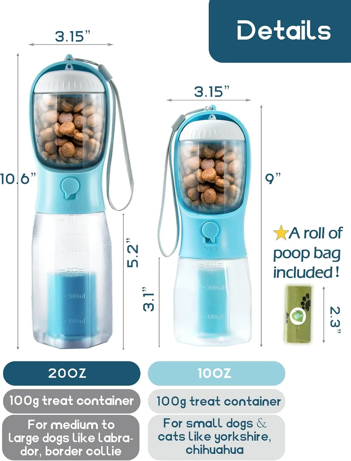 Portable Dog Water Bottle, 3-in-1 Travel Bowl with Food Container & Poop Bag Holder, Pet Dispenser Summer Outdoor Walking Hiking Accessories for Large Dogs - DarkGreen, 20oz