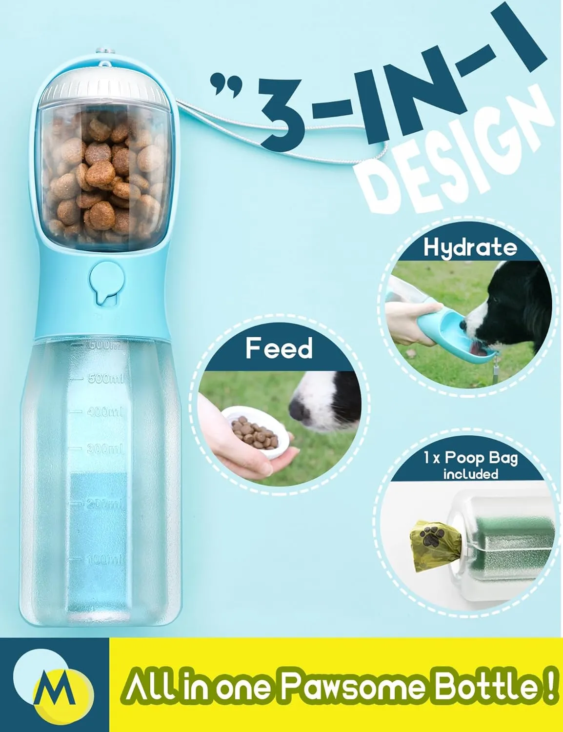 Portable Dog Water Bottle, 3-in-1 Travel Bowl with Food Container & Poop Bag Holder, Pet Dispenser Summer Outdoor Walking Hiking Accessories for Large Dogs - DarkGreen, 20oz