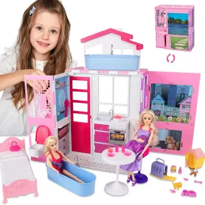 Portable Dollhouse Playset for 11.5 inch, 2-Story Doll House with 25  Pcs Dollhouse Furnitures & Accessories, Space Saving Playhouse Dolls House Birthday Xmas Gift for Girls Kids Toddlers 3 