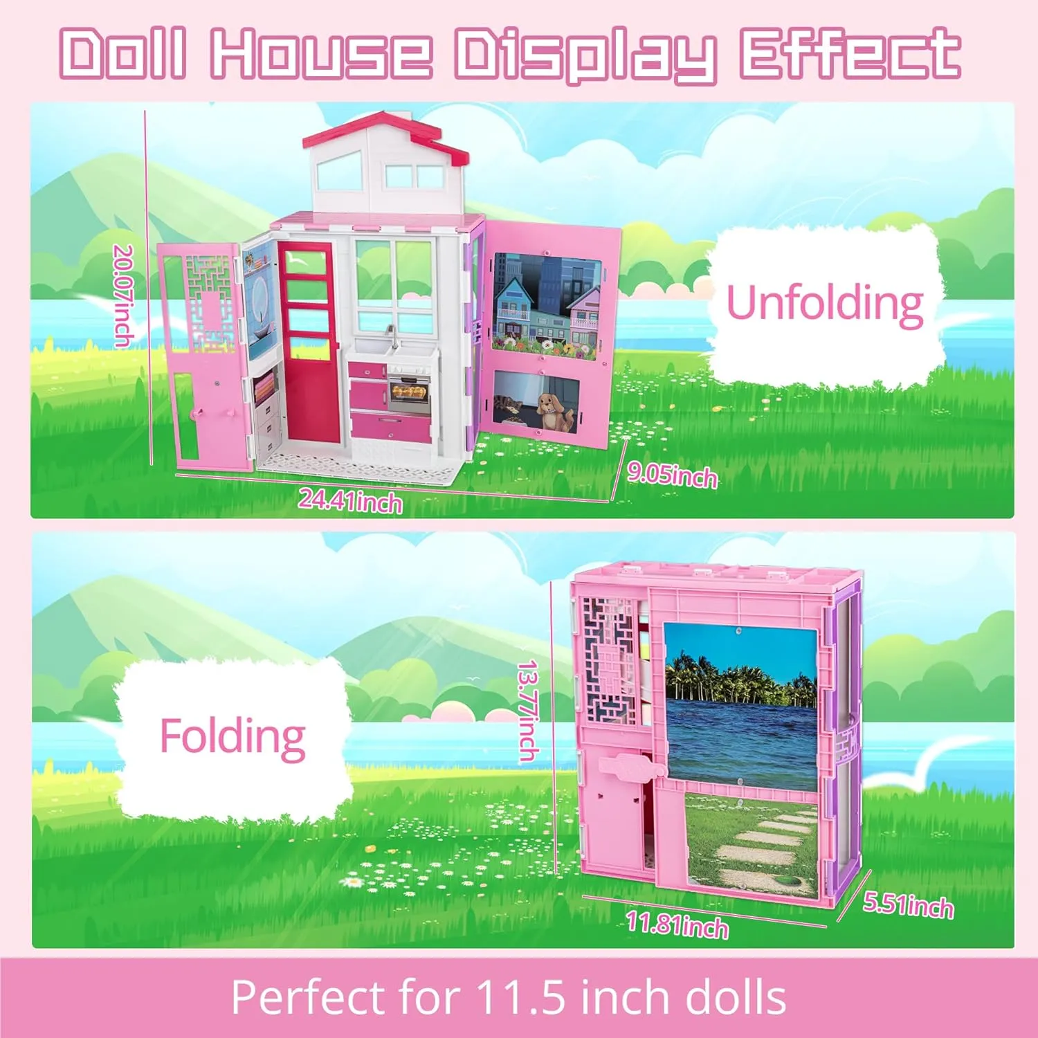 Portable Dollhouse Playset for 11.5 inch, 2-Story Doll House with 25  Pcs Dollhouse Furnitures & Accessories, Space Saving Playhouse Dolls House Birthday Xmas Gift for Girls Kids Toddlers 3 