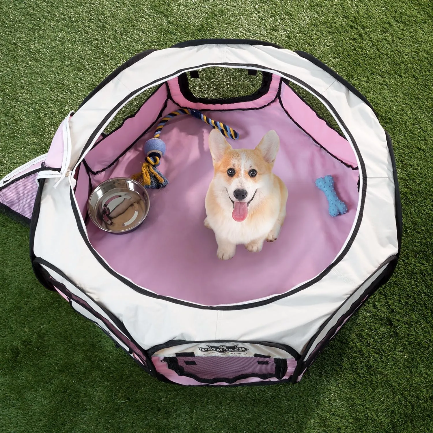 Portable Puppy Playpen - Small Pop-Up Play Yard for Pets Up to 25lbs with Mesh Windows, 2 Pockets, Zippered Roof, and Carry Bag by PETMAKER (Pink)