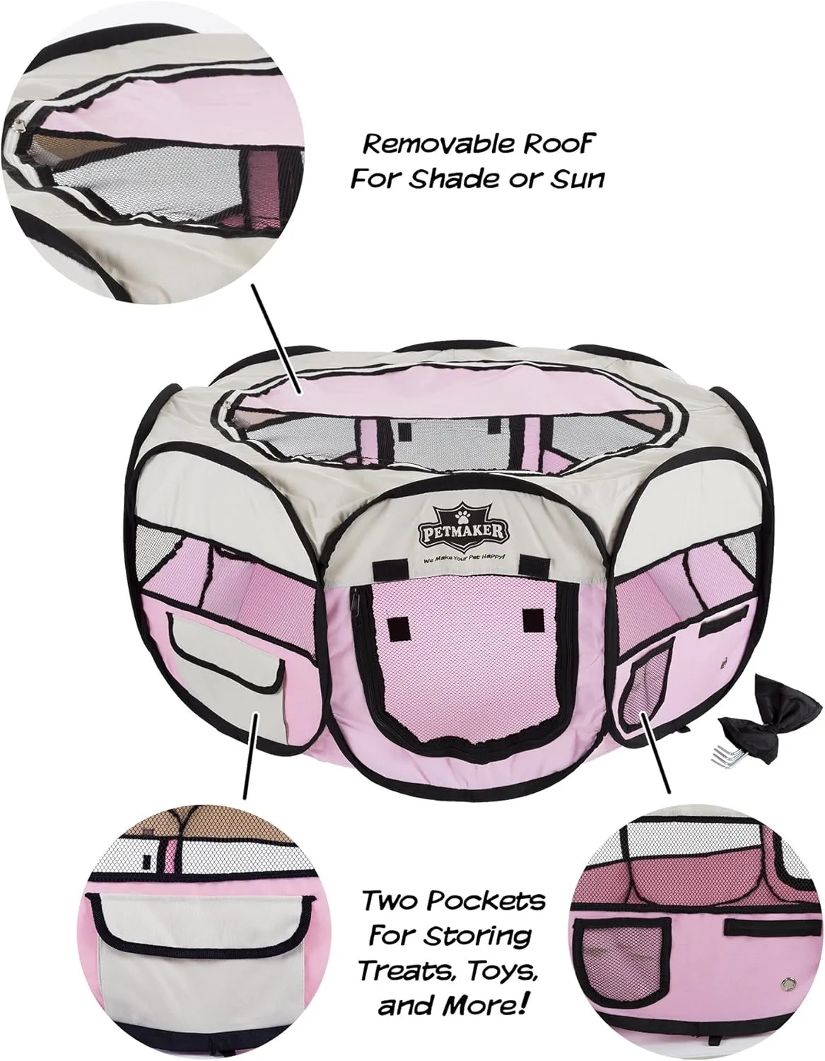 Portable Puppy Playpen - Small Pop-Up Play Yard for Pets Up to 25lbs with Mesh Windows, 2 Pockets, Zippered Roof, and Carry Bag by PETMAKER (Pink)