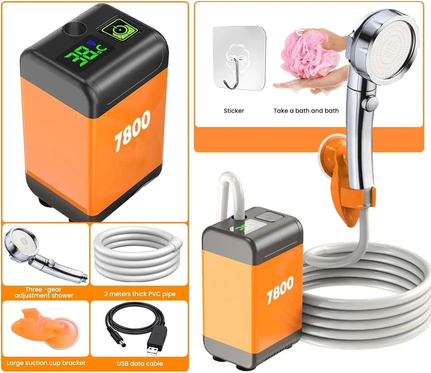 Portable Shower Camping, Temperature and Battery Power Digital Display, Travel Shower for Outdoor, Indoor, Camping, Car, Pet, Beach, Garden(Temperature display,4800 mAh)
