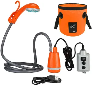 Portable Shower for Camping, Shower Rechargeable Pump Outdoor Camping Shower Pump USB Rechargeable Shower Head with Folding Bucket for Camping Hiking Traveling