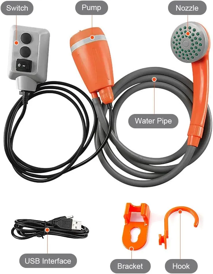 Portable Shower for Camping, Shower Rechargeable Pump Outdoor Camping Shower Pump USB Rechargeable Shower Head with Folding Bucket for Camping Hiking Traveling
