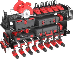 Power Tool Organizer with Charging Station, 4 Layers 8 Drill Holder Wall Mount,Metal Garage Rack with 10A Power Strip,Tool Shelves with Hooks,Drill Bit Storage, for Men Dad (Black)