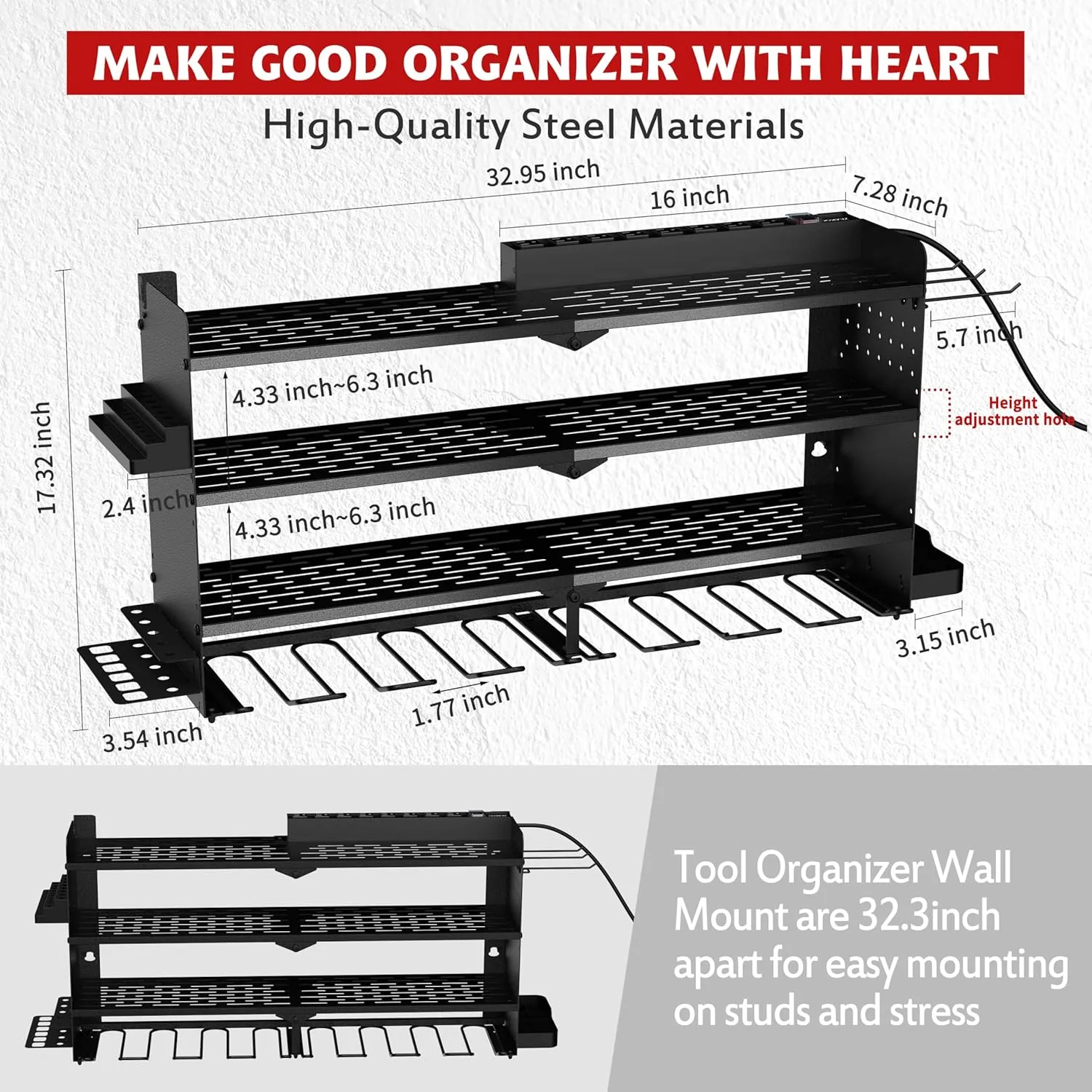 Power Tool Organizer with Charging Station, 4 Layers 8 Drill Holder Wall Mount,Metal Garage Rack with 10A Power Strip,Tool Shelves with Hooks,Drill Bit Storage, for Men Dad (Black)