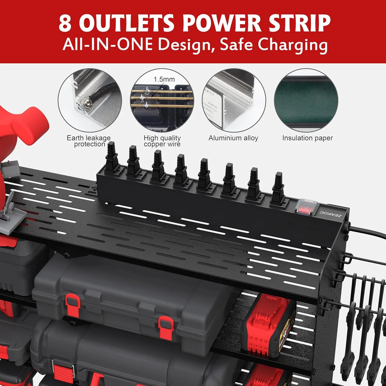 Power Tool Organizer with Charging Station, 4 Layers 8 Drill Holder Wall Mount,Metal Garage Rack with 10A Power Strip,Tool Shelves with Hooks,Drill Bit Storage, for Men Dad (Black)