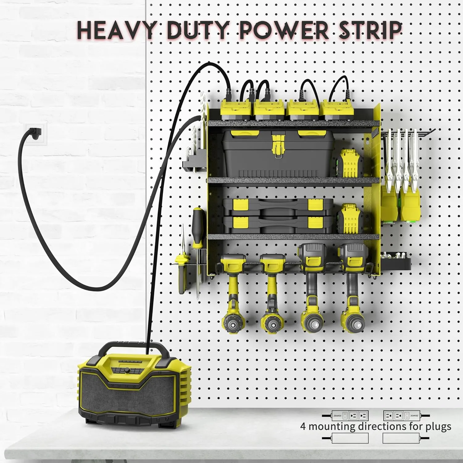 Power Tool Organizer with Charging Station, 4 Layers Drill Holder Wall Mount,Metal Garage Rack with 10A Power Strip,Tool Shelves with Hooks,Drill Bit Storage, for Men Dad (Green&Black)
