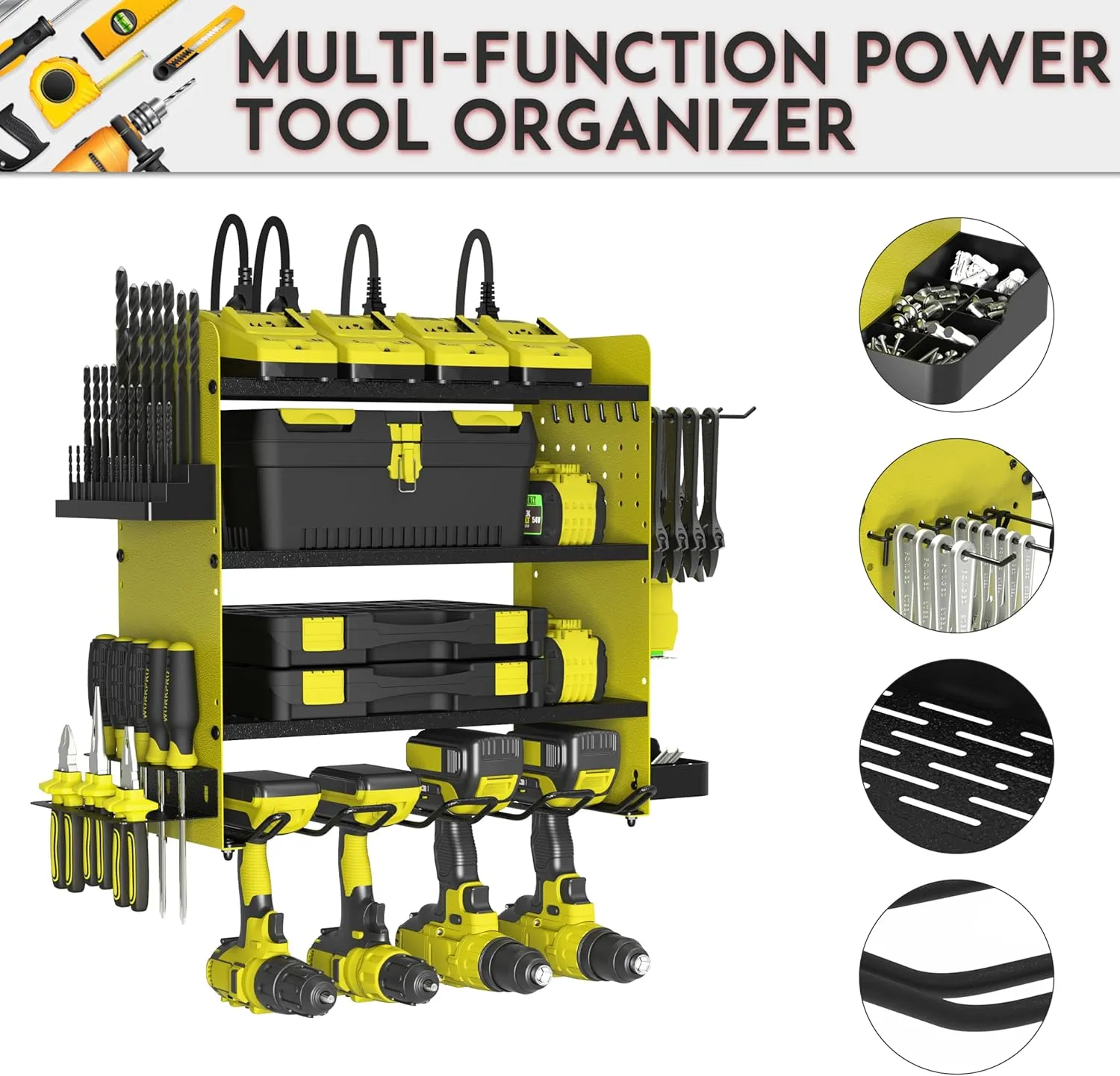 Power Tool Organizer with Charging Station, 4 Layers Drill Holder Wall Mount,Metal Garage Rack with 10A Power Strip,Tool Shelves with Hooks,Drill Bit Storage, for Men Dad (Green&Black)