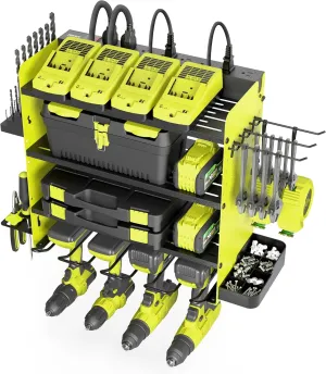 Power Tool Organizer with Charging Station, 4 Layers Drill Holder Wall Mount,Metal Garage Rack with 10A Power Strip,Tool Shelves with Hooks,Drill Bit Storage, for Men Dad (Green&Black)