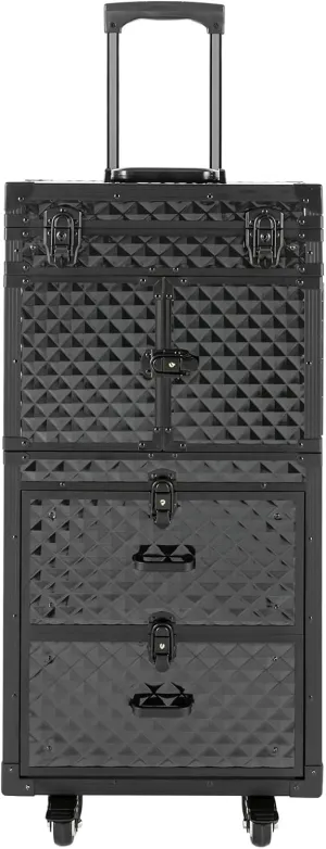 Professional Makeup Train Case,Rolling Cosmetic Case,Large Trolley Makeup Hair Organizer,33.07 lbs Makeup Travel Case with Key,Black (Black)