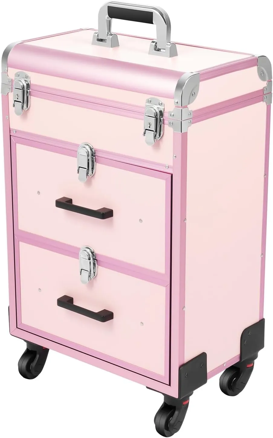 Professional Rolling Makeup Case with Locks - Large Cosmetic Trolley with Dividers & Drawers - Universal Wheels, Travel-Friendly Organizer (Pink)