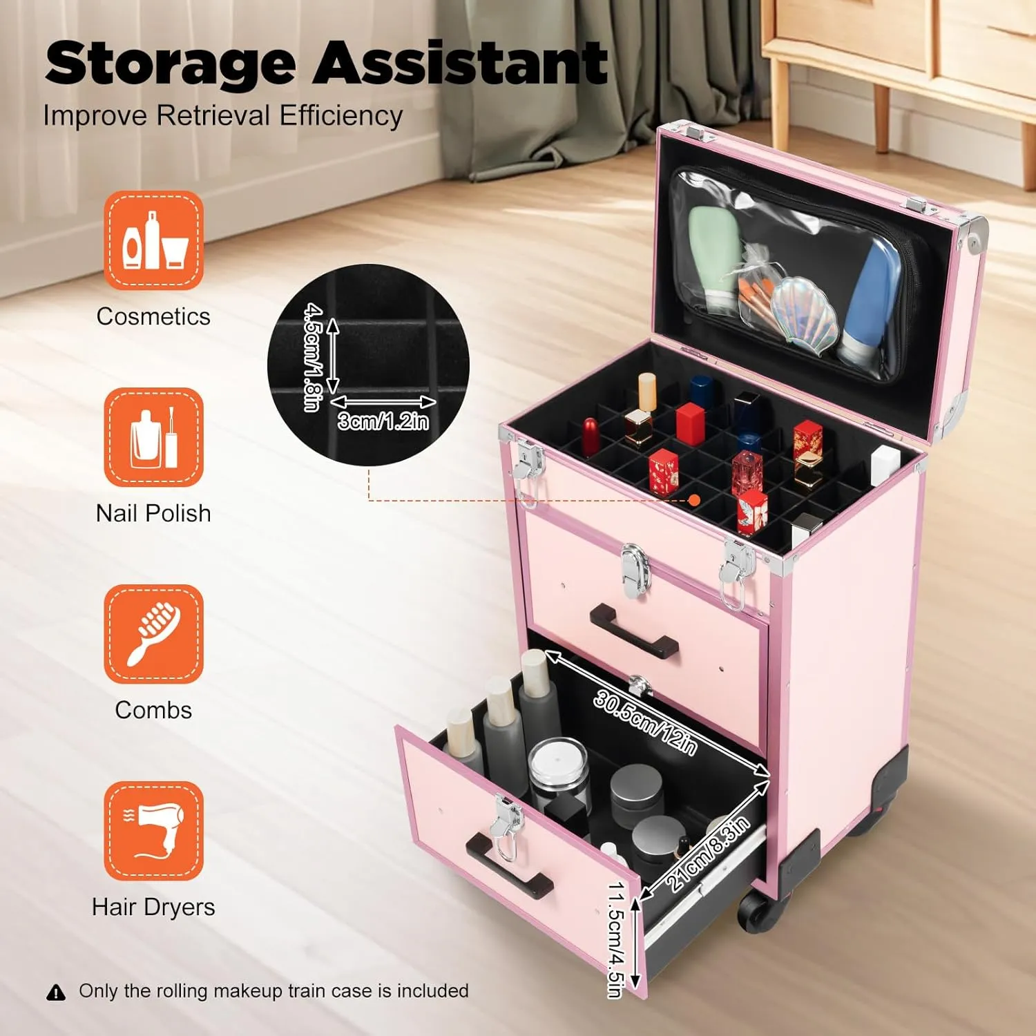 Professional Rolling Makeup Case with Locks - Large Cosmetic Trolley with Dividers & Drawers - Universal Wheels, Travel-Friendly Organizer (Pink)