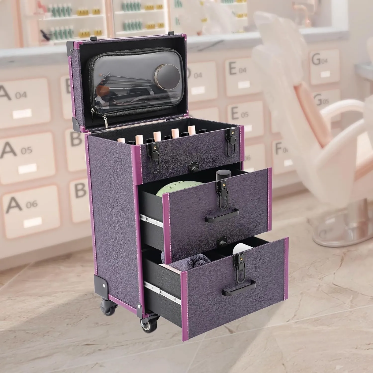 Professional Rolling Makeup Case with Wheels - Aluminum Alloy Cosmetic Trolley Organizer for Artists, Lockable Drawers, 110lbs Capacity, Professional Makeup Suitcase for Travel & Home (Purple, Black)