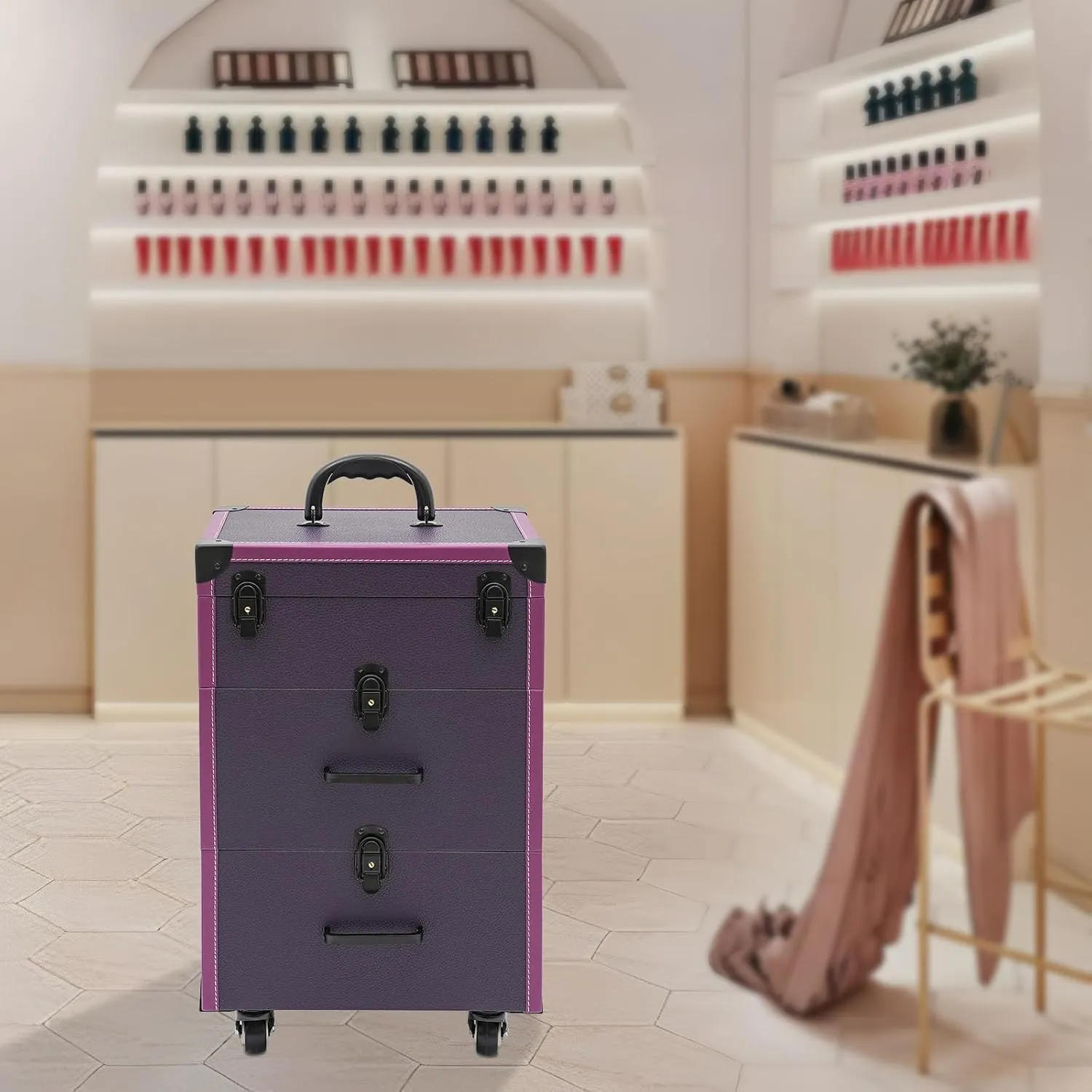 Professional Rolling Makeup Case with Wheels - Aluminum Alloy Cosmetic Trolley Organizer for Artists, Lockable Drawers, 110lbs Capacity, Professional Makeup Suitcase for Travel & Home (Purple, Black)
