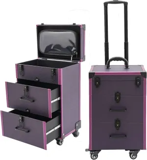 Professional Rolling Makeup Case with Wheels - Aluminum Alloy Cosmetic Trolley Organizer for Artists, Lockable Drawers, 110lbs Capacity, Professional Makeup Suitcase for Travel & Home (Purple, Black)