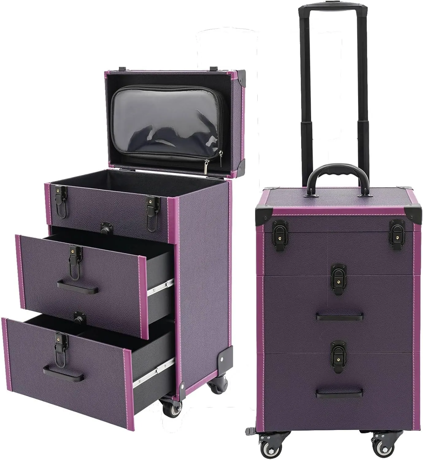 Professional Rolling Makeup Case with Wheels - Aluminum Alloy Cosmetic Trolley Organizer for Artists, Lockable Drawers, 110lbs Capacity, Professional Makeup Suitcase for Travel & Home (Purple, Black)