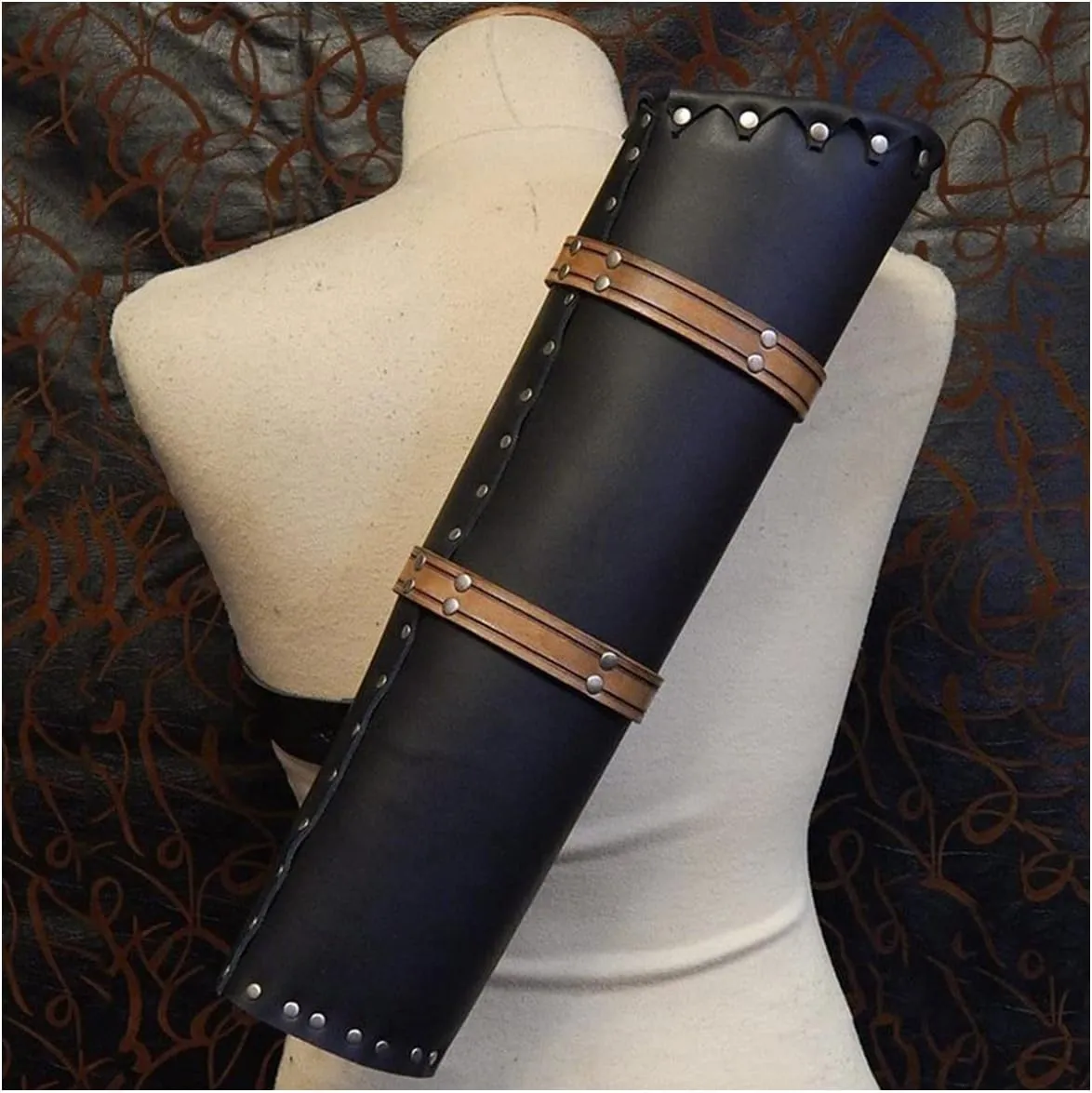 PU Leather Shoulder Back Large Capacity Quiver Arrow Holder for Compound Recurve Bow Shooting Hunting Archery Black, Medieval Style