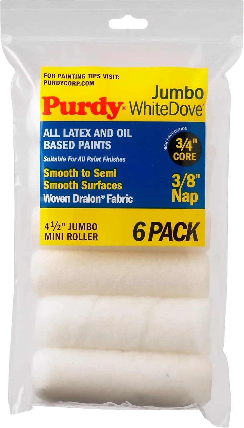 Purdy 140624612 White Dove with 3/8" Jumbo Mini Roller Replacements (Case of 6), 4-1/2"